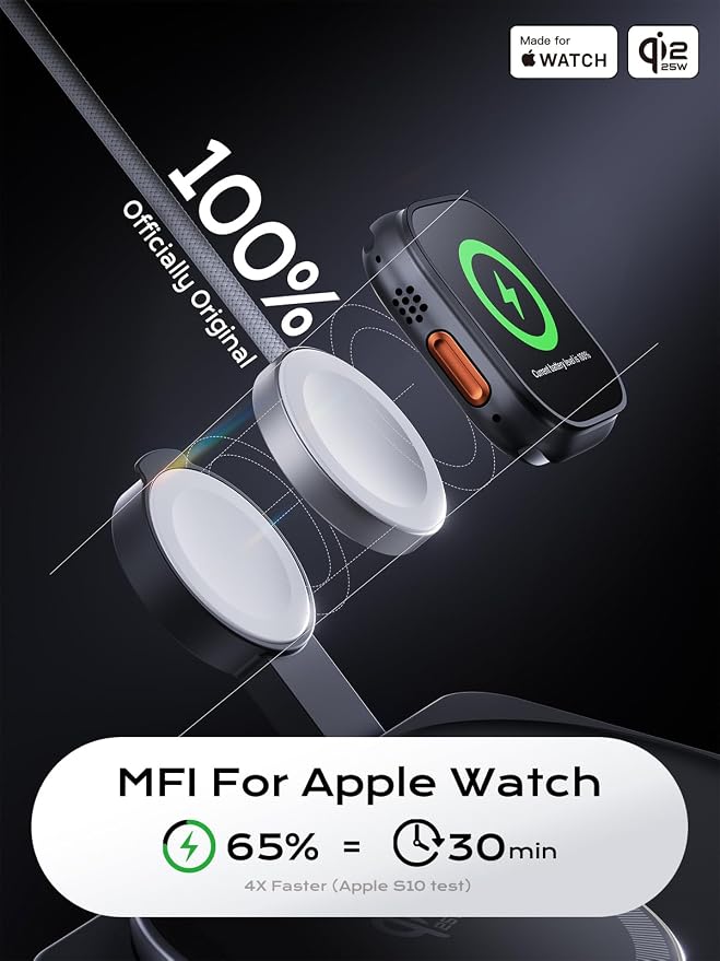 THREEKEY 3 in 1 Qi2 Wireless Charging Station, 25W Magnetic Charger with MFi-Certified Apple Watch Module for iPhone 17/16/15/14/13/12, AirPods, Pixel 10 Pro XL, 45W Adapter