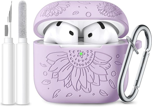 Lerobo for Airpods 4 Case Cover with Cleaner Kit,Floral Engraved Soft Silicone Protective Case with Keychain Compatible with Apple AirPods 4th Gen for Women,Wireless Charging & LED Visible,Lavender