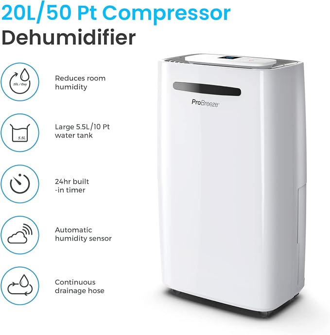 Pro Breeze Electric Large 50 Pint Dehumidifier for Home (3,500-4,000 sq.ft) Removes Moisture with built-in Humidity Sensor, Auto Shut Off, Continuous Drainage Hose, Ideal for Basements