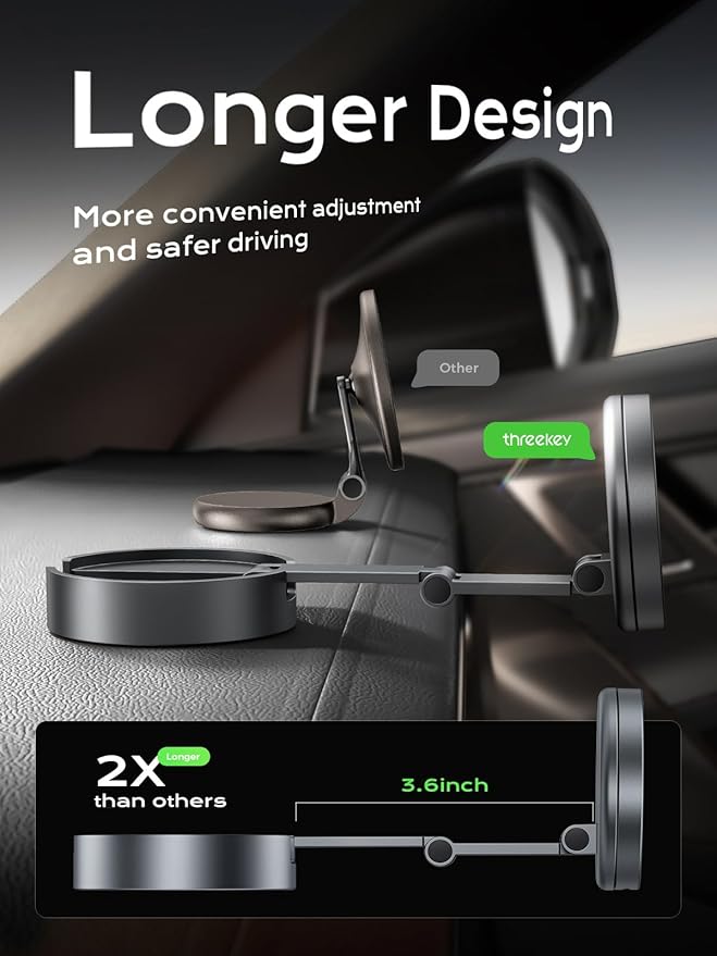 THREEKEY Qi2 Certified Magnetic Car Mount Charger Lite,Car Wireless Charger,15W Fast Charging,Retractable Phone Holder with 360°Rotation,Car Mount for iPhone17-12&Galaxy S25 Ultra