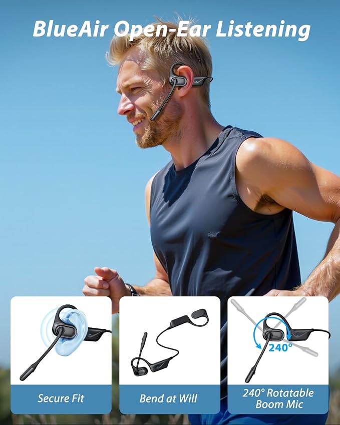 Open Ear Headphones with Mic, 28g Sweatproof Bluetooth Headset with Noise Cancelling & Mute, 20H, Dual Connect, Trucker Bluetooth 5.4 Wireless Headset with Mic for Work, Workout, Driving Call