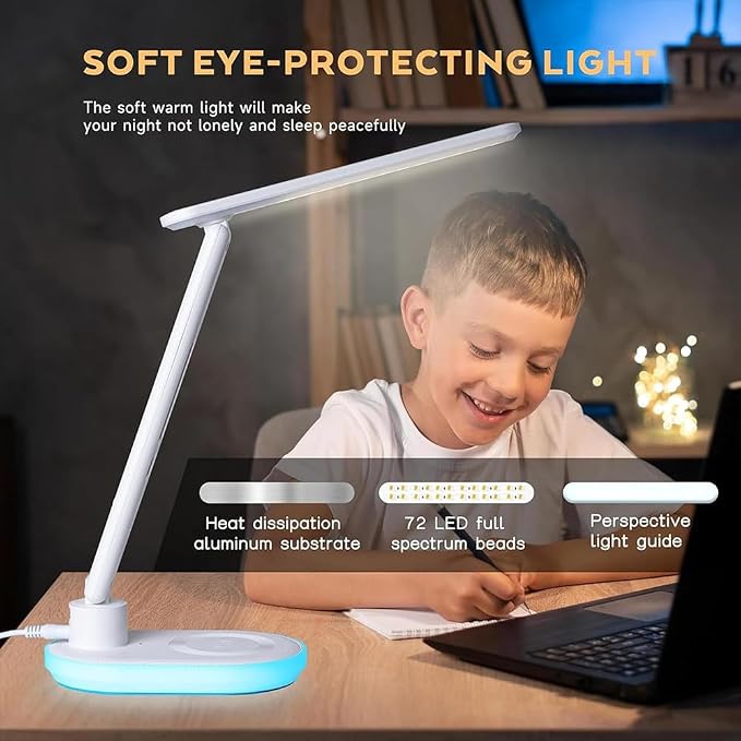 IHAO Luxury Multifunctional LED Desk Lamp10W Qi Wireless Charger Digital Alarm Clock Ambient Light & Temperature Display Adjustable Eye-Care Table Lamp with Leather Texture Design Table Lamp-U20 White