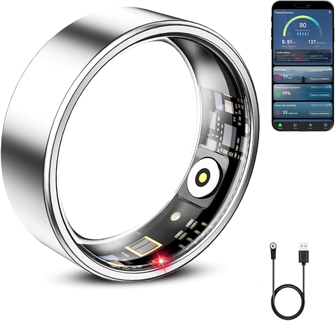 Mirlray Smart Ring for Women & Men, Smart Ring Health Tracker, Blood Oxygen & Heart Rate Monitor, Long Lasting Battery Sleep Ring, Waterproof Fitness Ring (Silver, 8)