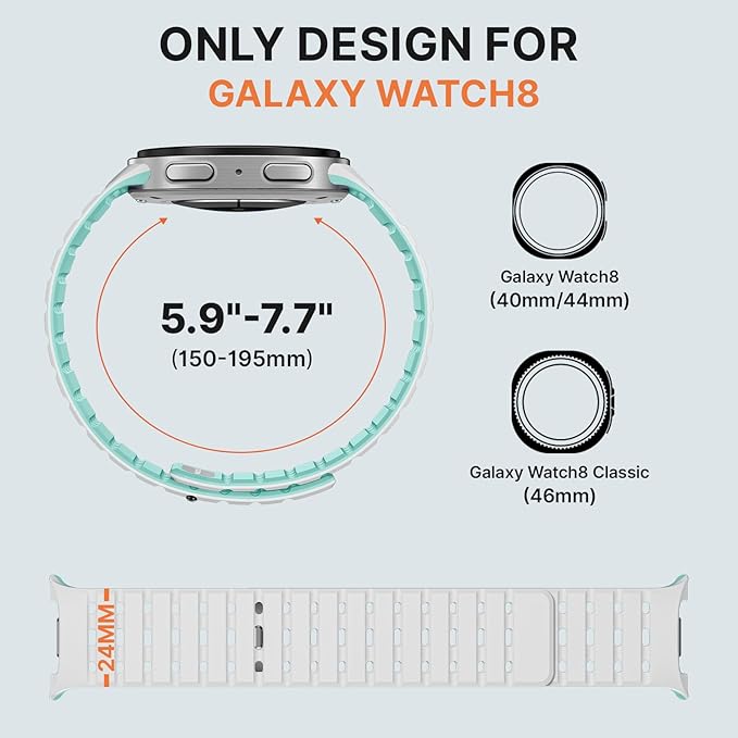 Bandletic Magnetic Silicone Band Compatible with Samsung Galaxy Watch 8 40mm 44mm / Watch 8 Classic 46mm 2025, No Gap Soft Breathable Replacement Strap for Men Women, White/Turquoise