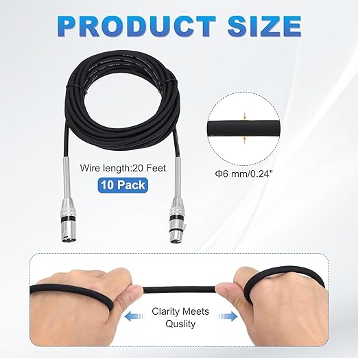 DMiotech 10 Pack XLR to XLR Cable, 3-Pin 22AWG OFC Male to Female Microphone Cable Mic Cord Wire Connector for Speaker Mixer, Studio, PA System, 20 Feet(Black)
