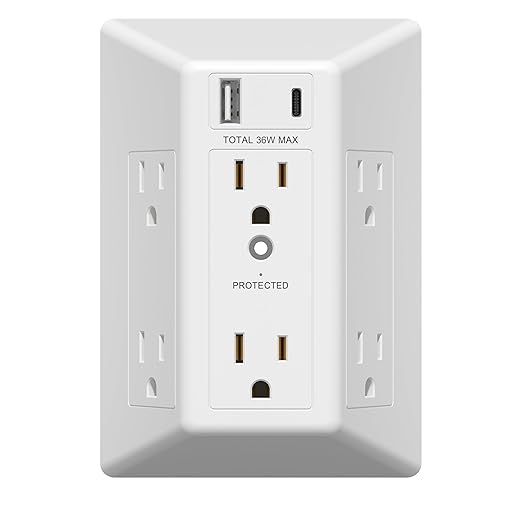 LIDER 6-Outlet Surge Expander with PD-36W USB Type A/C, Fast Charging, Surge Protector Up to 1500J with LED Indicator, USB Wall Multi Outlet Extender, White