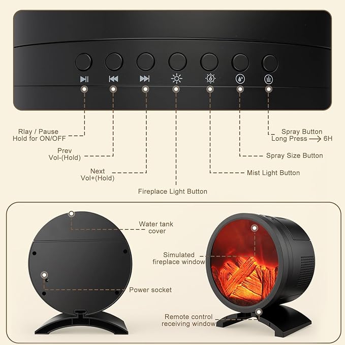 Fireplace Flame Oil Diffuser with Speaker & 260mL Fire Oil Diffuser,Essential Oil Diffuser 5 Color Fire Aroma Diffuser Aromatherapy Aroma Diffuser, Ultrasonic Mist with Timer & Auto Shut-Off