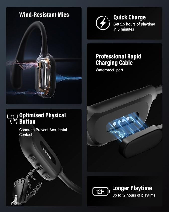 Bone Conduction Headphones, IPX8 Waterproof Swimming Headphones, Open Ear Headphones with MP3 Mode 32GB Memory Up to 12 Hours Playtime, Bluetooth 6.0 Earbuds Secure Fit for Running and Fitness