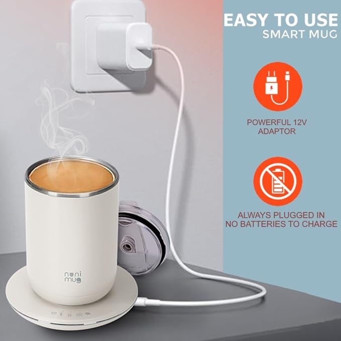 Self Stirring Coffee Mug- 10 Oz No Batteries Smart Dual Function 3 Temperature Levels Control to Stir & Heat Beverages - Powerful 12V Charger Airtight Lid bElectric Cup in a Gift Box (White)
