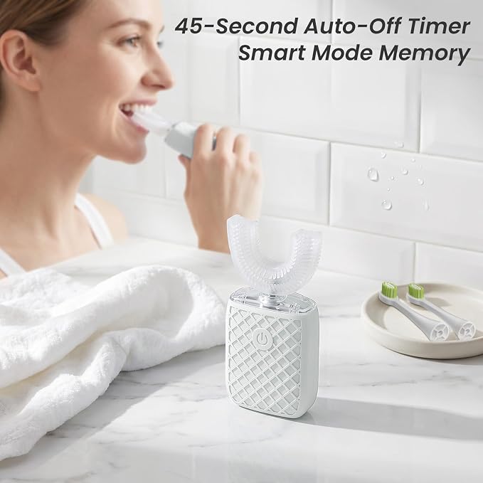 Sonic Electric U Shaped Toothbrush for Adults, Automatic Full Mouth Cleaning Toothbrush, 360° Stain Removal, IPX7 Waterproof Rechargeable, 3 U-Shape & 2 Straight Brush Heads (White)