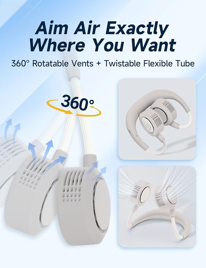 Portable Neck Fan - Hands Free Personal Face Fan, 5 Speeds Rechargeable Wearable Cooling Fan, Flexible Foldable Small Thin Quiet Neck Cooler for Travel, Work, Hot Flashes (Stone Greige)