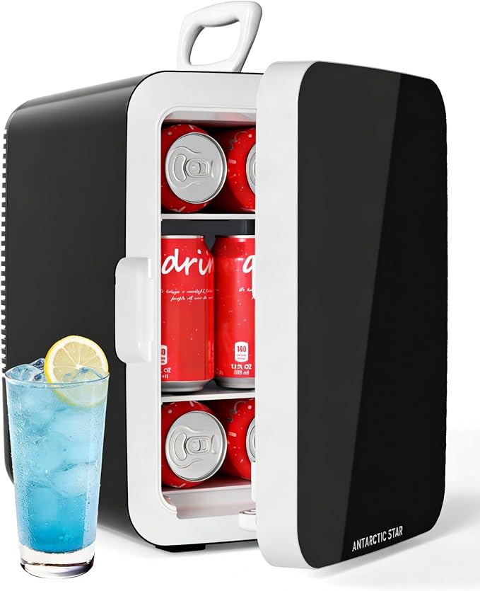 Antarctic Star Mini Personal Fridge Cooler, 10L Portable Compact Refrigerator, 2.6 Gal Small Cooler with AC/DC Adapters for Beverages, Food, Skincare, Bedroom, Office, Dorm Room, or Cabin, Black