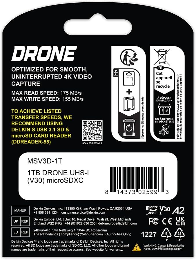 Delkin Devices Drone 1TB microSD Card UHS-I U3 V30 A2 – 190MB/s Read, 155MB/s Write – Designed for Drones, 4K UHD Video, DJI Compatible, microSDXC with Adapter (1TB)