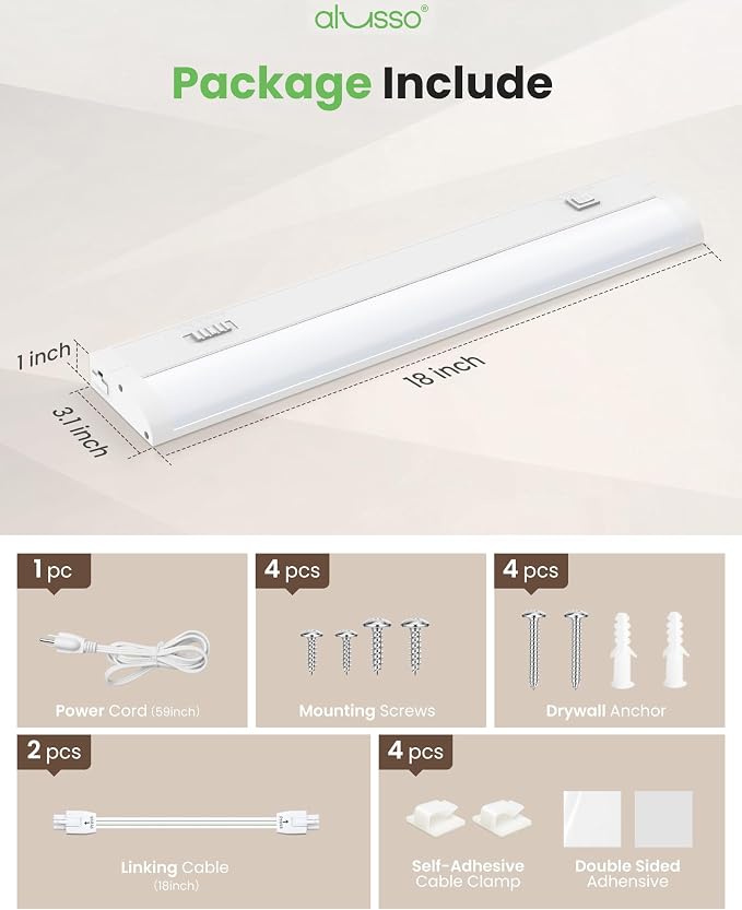 ALUSSO 18 Inch LED Under Cabinet Lighting Plug in 120V, 5CCT Color Selectable 2700K-5000K Dimmable 10W 800LM High Brightness, CRI 90+ Strip Linkable Under Counter Lights for Kitchen Sink, 1 Pack