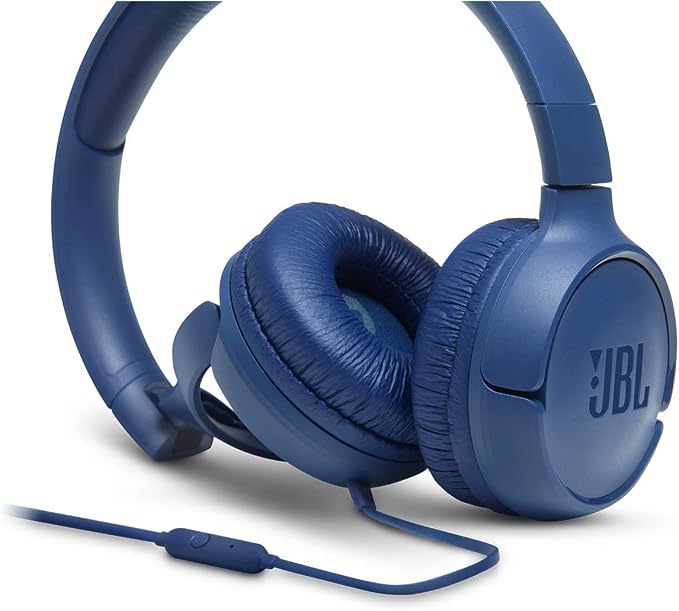 JBL Tune 500 - Wired on-ear headphones, JBL Pure Bass Sound, 1-button remote/mic, Tangle-free flat cable, Lightweight and foldable design, Ask Siri or Google Now (Blue)