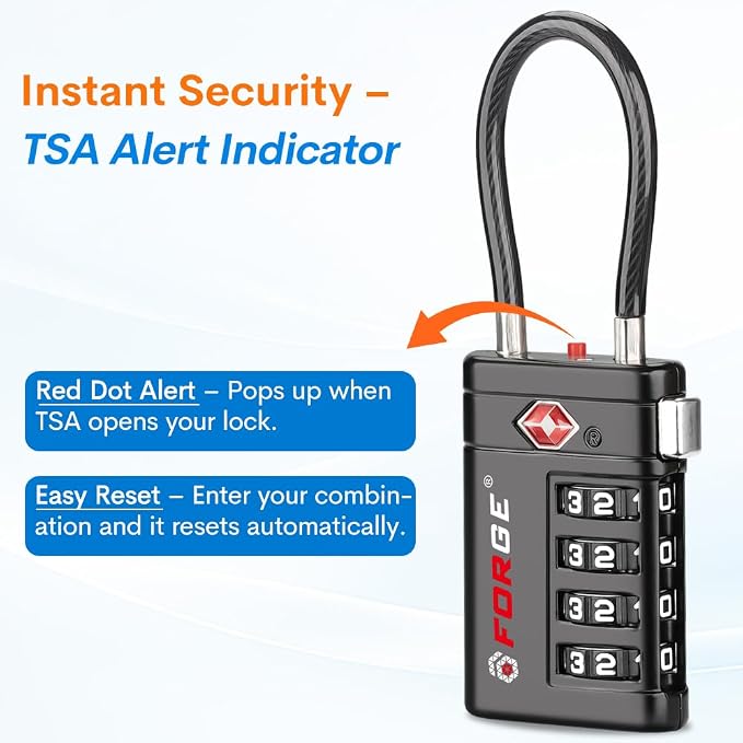Forge Open Alert TSA Approved Luggage Locks 4 Digit Combination TSA Travel Locks with TSA008, Zinc Alloy Body for Luggage, Suitcase, Backpack, and More. Black 4 Locks.