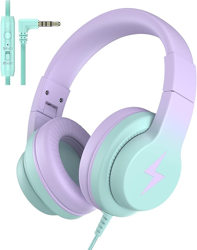 Candy Bila Kids Headphones, Wired Headphones for Kids Over Ear with Microphone, Foldable Headphone for Learning & Entertainment, Gradient Purple