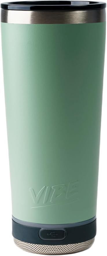 Vibe 18 oz Tumbler with Bluetooth Speaker, Insulated Stainless Steel Travel Cup with Lid, Hot & Cold Drink Beverage Container, Removable Speaker with Microphone, Rubber Base, Seafoam