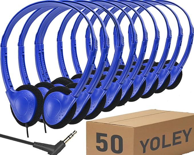 Classroom Headphones Bulk 50 Pack Class Set for School Students Kids and Adult -Sturdy Wired 3.5mm Plug (Blue, 50 Pack)