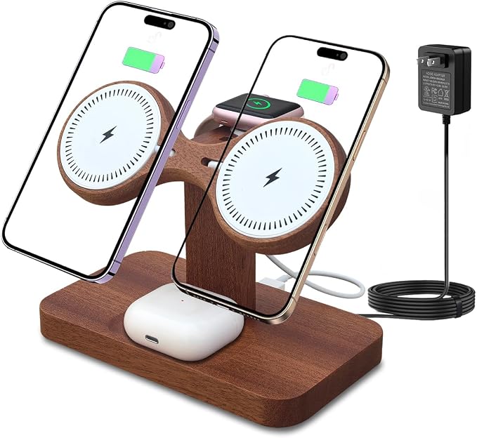 Wood Dual Phone Charging Station Compatible with Magsafe Charger Stand Magnetic Wireless Charger for iPhone 17 16 15 14 13 12 Series iWatch AirPods Wireless Charging Station for Apple Devices