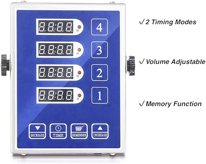 Commercial Kitchen Timer with 4 Channels, Digital Timer for Cooking, Loud Alarm Volume +/-, Food Truck Restaurant Supplies, Heavy Duty Stainless Steel Large Timers, Waterproof Panel & Memory Function