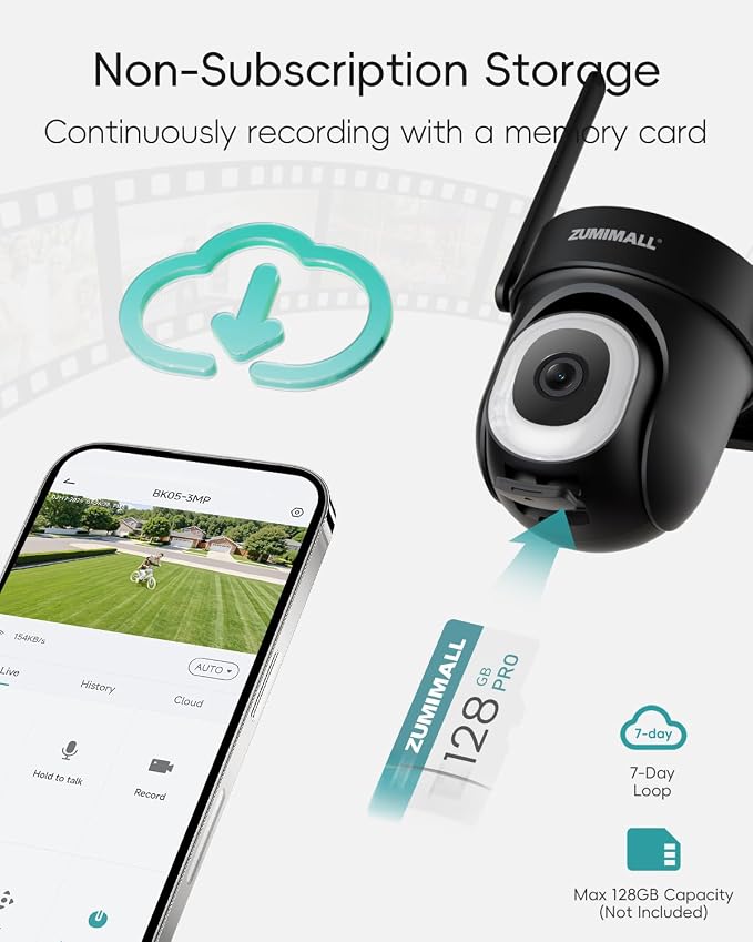 ZUMIMALL 2K Wired Outdoor Camera, 2.4G/5G WiFi Security Camera, 3MP, 24/7 Recording, AI Motion Detection, Cloud & SD Card Storage, 2-Way Audio, 360° PTZ Auto Tracking, Work with Alexa, IP66 (Black)