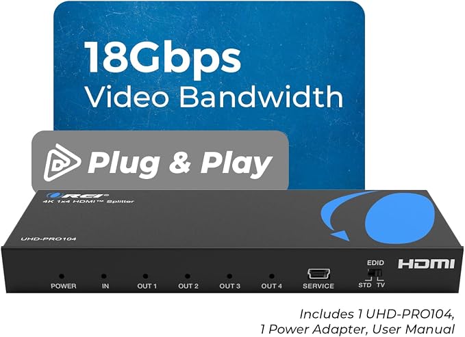 OREI 1x4 HDMI Splitter 4K 60Hz with Audio Extractor – HDMI 2.0b Splitter 1 in 4 Out with 4K to 1080p Downscaling, HDR10+, Dolby Vision, HDCP 2.3, Optical & 3.5mm Audio Out