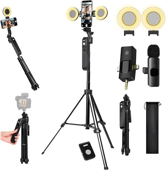 Vlogging Kit for iPhone/Andriod,70.9″ Auto Face Tracking Tipod,360 Rotatable Selfie Stick Tripod, Content Creator Essentials, Yutube Starter Kit, Gesture Control w/Remote/Mic/Light