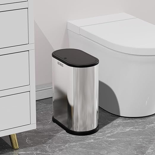 KSSKSS 1.8 Gallons Small Stainless Steel Trash Can with Press Type Lid, Slim Bathroom Garbage Bin, Removable Liner Bucket, Dog Proof Narrow Wastebasket with Pop-Up Lid for Bedroom,Toilet (Silver)