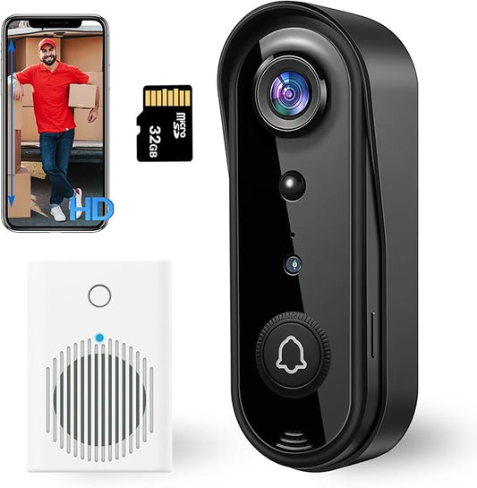 2K Video Doorbell Camera Wireless with Full-Body View & AI Detection - Night Vision, PIR Motion Alerts, Built-in Chime, IP65 Weatherproof, 32GB SD Card &Cloud Storage，No Monthly Fee