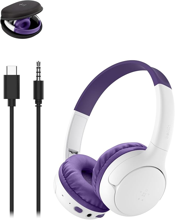 Belkin SoundForm Mini 2 Wireless Kids Bluetooth Headphones - On-Ear Earphones w/ 55H Battery Life, 85dB Safe Volume Limit, Built-in Microphone - Toddler Headphones for iPad, Tablet, School, Travel