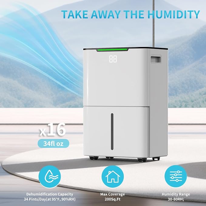 Dehumidifier for Home Basement, 34 Pints Dehumidifiers with Drain Hose for 1500 Sq. Ft Bedroom Bathroom Small Room RV, 3 Working Modes, Smart Humidity Control, 24H Timer, Auto Defrost