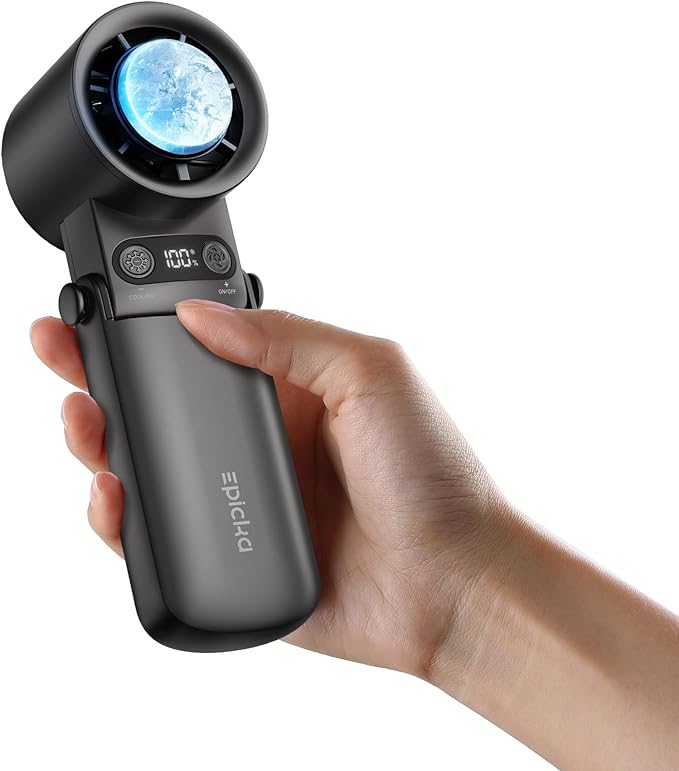 EPICKA Portable Handheld Fan with Ice Cooler - 25H Runtime, Rechargeable 6800mAh Personal Turbo Fan with Power Bank, Fast Charging, 0-100 Speed, Gifts for Women, Summer Travel Essentials, Black