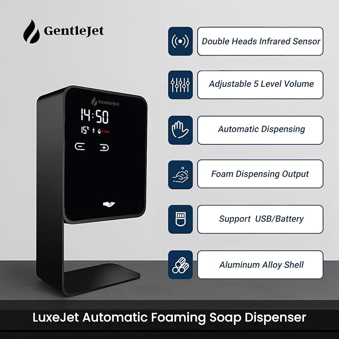GentleJet LuxeJet Automatic Foaming Soap Dispenser Touchless Sensor, LED Display, 5 Foam Levels, Wall Mount or Countertop, Rechargable USB-C or Battery Powered, Aluminum Alloy, 480 ml Refillable