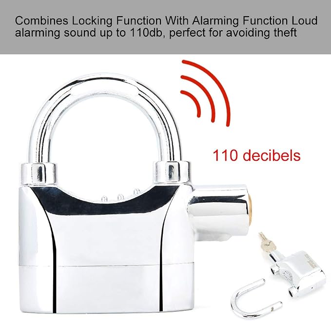 Sonew Alarm Lock, Universal Security Anti-Theft Padlock 110db Siren Alarm Lock Aluminum Alloy Keyed Padlock for Motorcycle Door Window (Aluminum Alloy Silver)