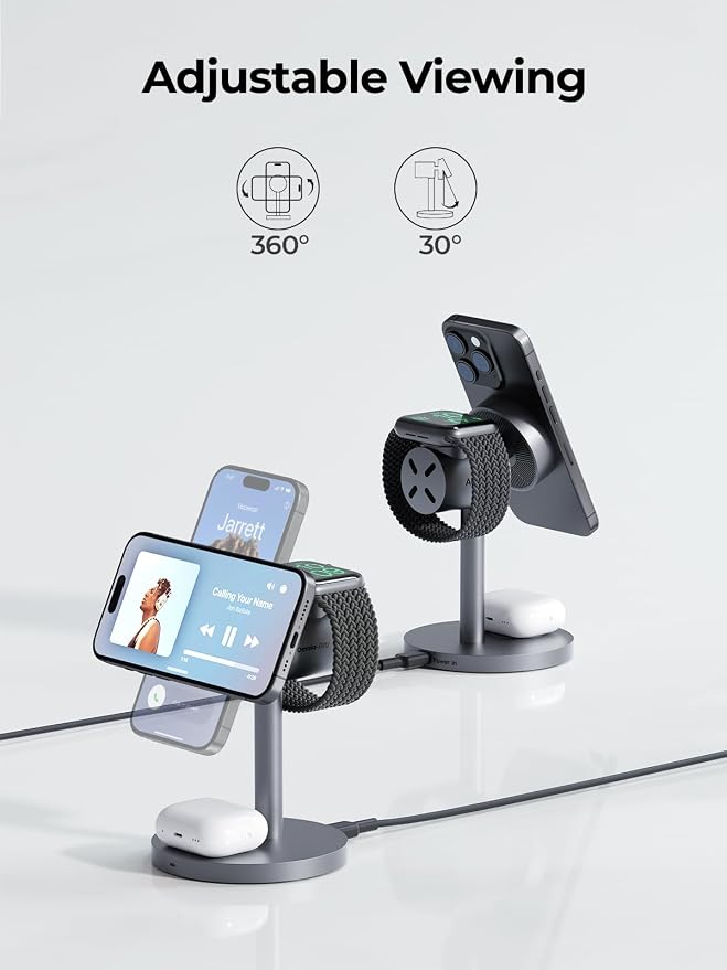 MagFusion 3-in-1 Charging Station Compatible with MagSafe, Qi2 Certified 15W Magnetic Wireless Charger Stand, for iPhone 17/16/15/14/13/12 Series, Apple Watch, AirPods(30W PD Charger Included)