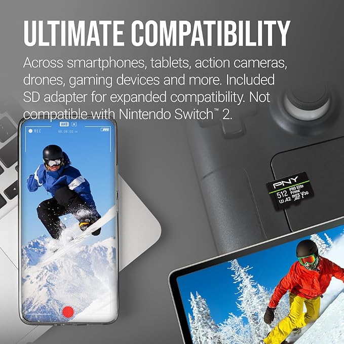 PNY 512GB PRO Elite Prime™ C10 U3 V30 A2 microSDXC Flash Memory Card – Ultra-Fast Speeds, Read 200MB/s, Write 150MB/s, 4K UHD, Full HD, UHS-I, for Smartphones, Drones, Action Cameras