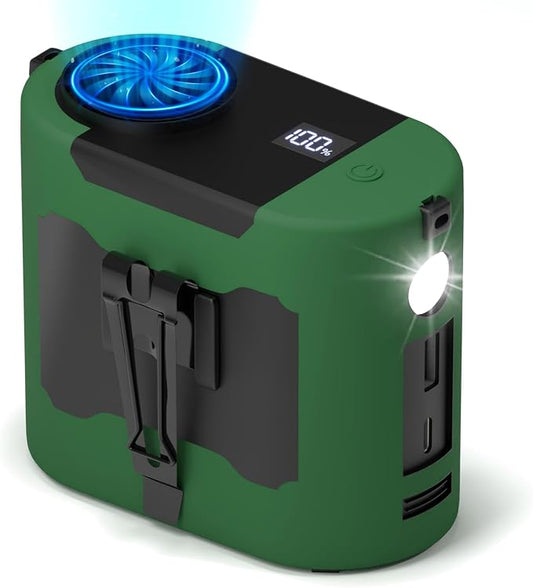 10000mAh Portable Waist Fan, Rechargeable Battery, 40H Max Runtime, 5 Speeds 16000RPM Strong Airflow, Hands-Free Neck Fan, Personal Wearable Shirt Belt Clip Fan for Outdoor, Jobsite, Camping (Green)