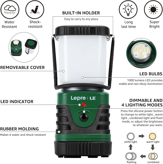 Lepro 1000LM LED Camping Lantern Rechargeable, 4400mAh Green Tent Light with 4 Light Modes, Waterproof Lantern Flashlight for Hurricane Emergency, Camping Essentials, USB Cable Included