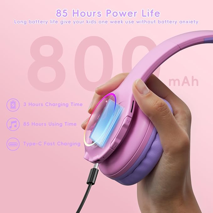 Candy Bila Kids Bluetooth 6.0 Headphones with LED Light, 85Hours Playtimes, Type-C Fast Charging, 85/94dB Volume Limited, Comfort Wireless Headphones with Built-in Mic, Wired & TF Card Mode, Pink