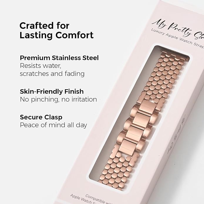 My Pretty Strap - Compatible Apple Watch Band Strap, Stainless Steel Fashion iWatch Replacement Strap- Easy Resizing, No Tool Needed, Fits Most Wrists- Series 1-11, SE and Ultra