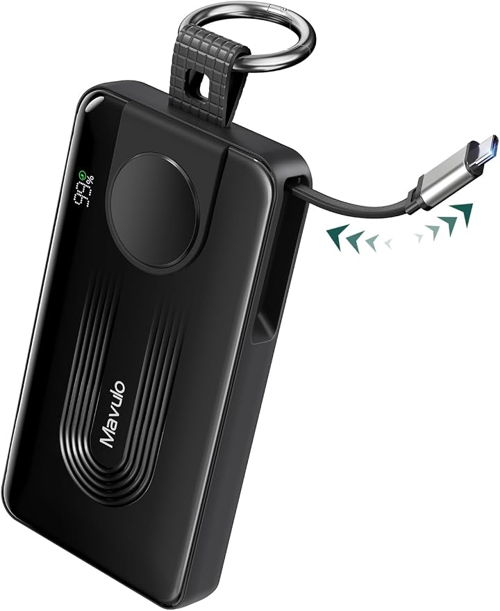 Mavulo 3-in-1 Portable Charger 10000mAh Power Bank for Samsung Galaxy Watch, Retractable USB-C Cable, 20W PD Fast Charging, LED Display & Keychain Battery Pack for iPhone 17/16/15 Air Pro Max Plus/S26