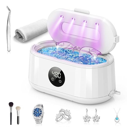 Ultrasonic Jewelry Cleaner, 50kHz Ultrasonic Cleaner Machine for Jewelry, Eyeglass, Retainers,Watch Strap, Rings,420ml 304 Stainless Steel Tank, 5 Timer Modes & LED Digital Display (White)