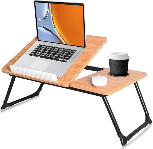 Adjustable Laptop Desk Stand with Cup Holder, Portable Lap Desk for Computer, Wood