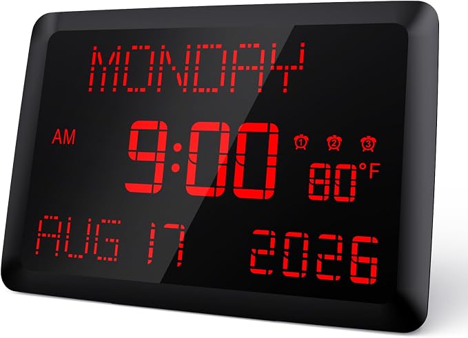 Raynic Digital Clock, 11.5" Large Display Digital Calendar Clock with Day and Date, Indoor Temperature, Adjustable Brightness, Snooze,12/24H, DST for Home, Office, Elderly