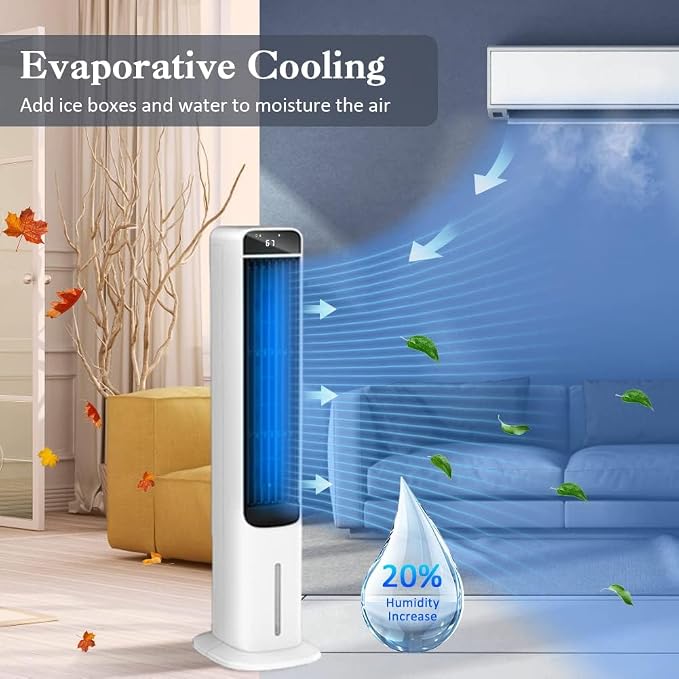 2-In-1 Evaporative Air Cooler Portable Windowless Air Conditioner Fan with Remote Control, Air Cooling Fan with 4 Ice Packs, 12H Timer, 50° Oscillation, 3 Speed Tower Fan for Home, Office