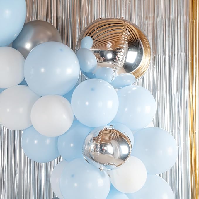 Restaurantware-Balloonify Balloon Garland Set, 1 Party Decoration Kit - 139 Balloons, With Chain, Blue, White, & Silver Latex Balloon Arch Kit, Includes Glue Dots