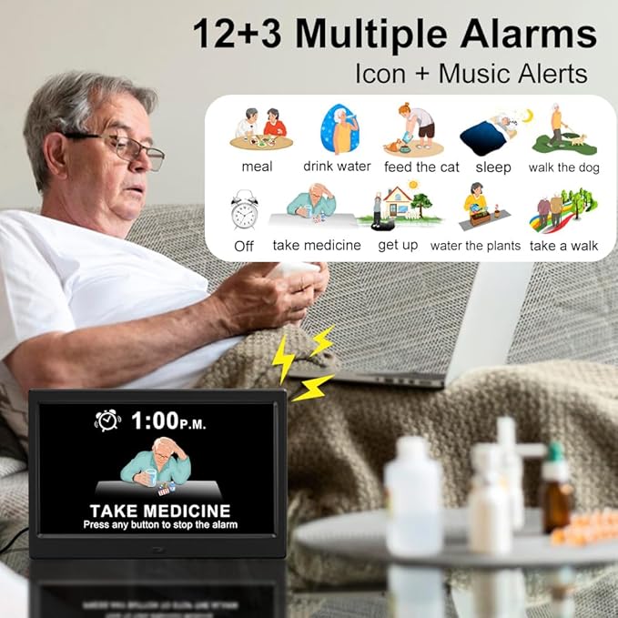 CAZOKASI Extra Large Impaired Vision Digital Alarm Clock with Day and Time for Elderly DST Calendar Clock No Battery Plug-in Power Outage Memory Auto Dimmable Clock (10.1 Inch Black)