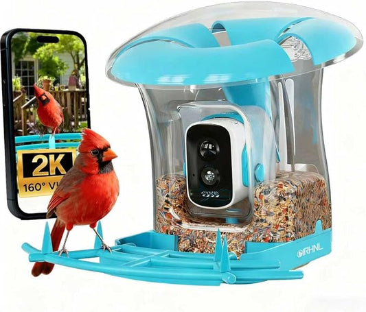 Smart Bird Feeder with Camera, Solar Powered 3 L Capacity, 2K HD AI Identify Bird Species, Weatherproof Auto Video Recording, Real-Time Alerts, Ideal Gift for Tech Lovers and Parents (Blue)