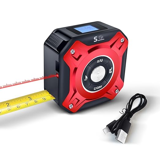 2 in 1 Laser Tape Measure with Level | 131ft/40M Laser Distance Meter Display On Backlit LCD Screen with 16ft/5m AutoLock Measuring Tape | Ft/Inch/Fractions/M/mm (Red 2in1 Laser)